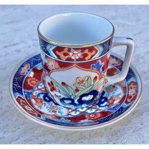 Andrea By Sadek Imari Demitasse Cup & Saucer Set Porcelain Japan white red blue